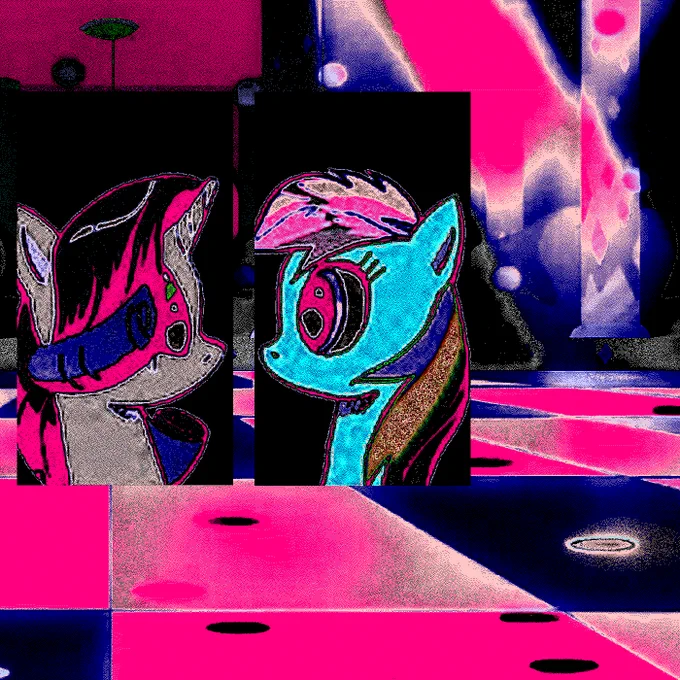 glitchy edited art of rarity and rainbow dash at a nightclub