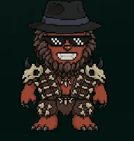 A fierce, pixelated character with a beard, wearing sunglasses and a hat, adorned with skulls and spikes, stands confidently.