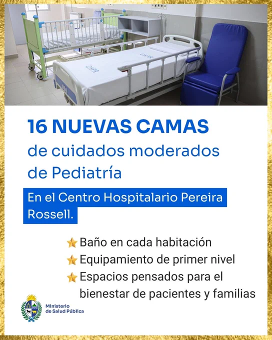16 nuevas camas de cuidados moderados de Pediatría
En el Centro Hospitalario Pereira Rossell.

Baño en cada habitación
Equipamiento de primer nivel
Espacios pensados para el bienestar de pacientes y familias
