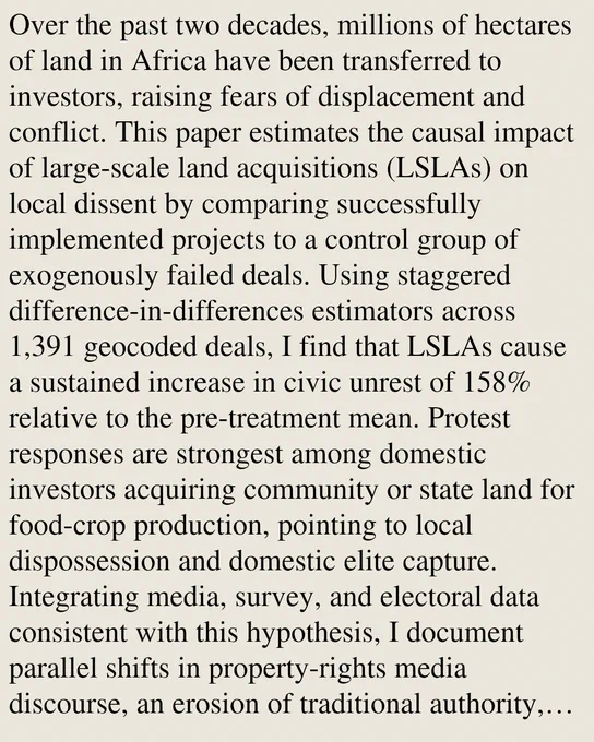 Over the past two decades, millions of hectares of land in Africa have been transferred to investors, raising fears of displacement and conflict. This paper estimates the causal impact of large-scale land acquisitions (LSLAs) on local dissent by comparing successfully implemented projects to a control group of exogenously failed deals. Using staggered difference-in-differences estimators across 1,391 geocoded deals, I find that LSLAs cause a sustained increase in civic unrest of 158% relative to the pre-treatment mean. Protest responses are strongest among domestic investors acquiring community or state land for food-crop production, pointing to local dispossession and domestic elite capture. Integrating media, survey, and electoral data consistent with this hypothesis, I document parallel shifts in property-rights media discourse, an erosion of traditional authority, and broader electoral mobilization in affected constituencies.