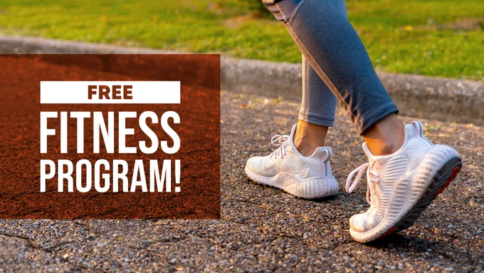 Close‑up photo of a woman’s running shoes. Text reads: “Free Fitness Program!”