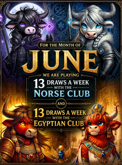 This promotional image features anthropomorphic bulls dressed in Norse and Egyptian costumes, highlighting June draws for the Norse and Egyptian clubs. The art is vibrant and fantasy-themed.