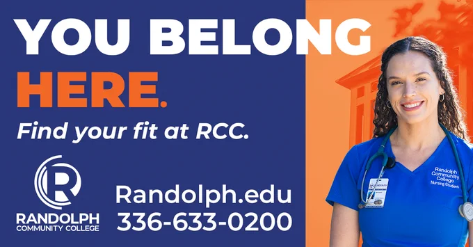 Graphic reads "YOU BELONG HERE. Find your fit at RCC." Randolph Community College logo, website, and phone number appear on the left. On the right, a nursing student wearing scrubs and a stethoscope smiles toward the camera. Blue and orange RCC branding is used throughout.