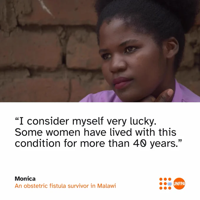 A card with a photo at the top of a person thoughtfully resting their chin on their hand, with a brick wall in the background. Below the photo, a quote reads: "I consider myself very lucky. Some women have lived with this condition for more than 40 years." More text below states "Monica, An obstetric fistula survivor in Malawi." The UNFPA logo is in the bottom right corner.
