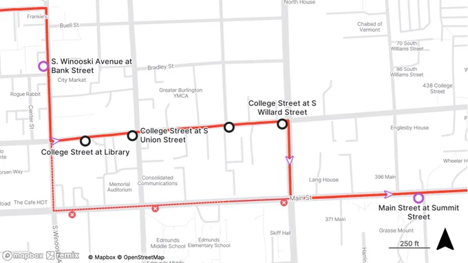 Map showing a temporary transit detour along College Street and Main Street in Burlington. The detour route travels from South Winooski Avenue at Bank Street east along College Street, turns south on South Willard Street, then continues east on Main Street to Summit Street.