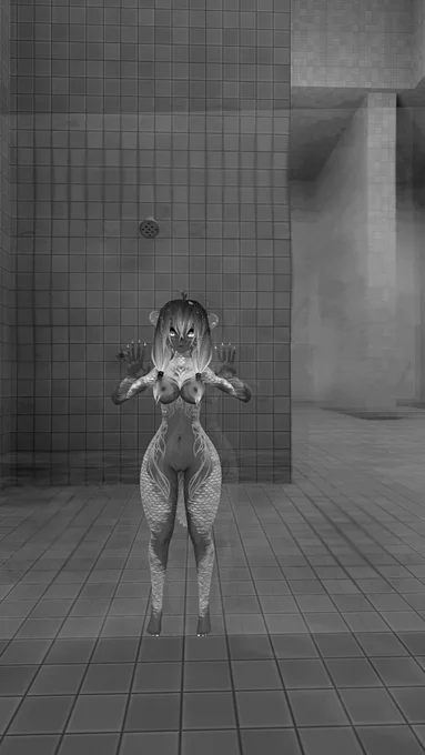 Tayuki, in the form of an otter kemonomimi, stands pressed against a glass wall. She is surrounded by the tile of a large shower complex. The picture is monochrome. She is nude.