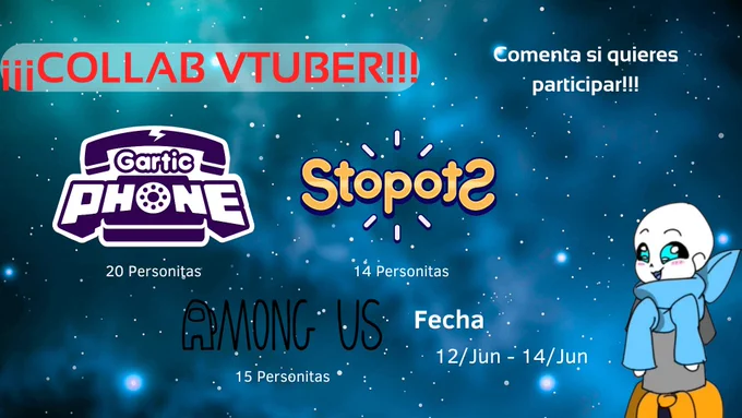 Cabe aclarar que cada juego se jugara un dia, siendo estos:

Among Us: El inicio de todo 12/Jun
Gartic Phone: 13/Jun
StopotS: 14/Jun

Este sera mi primera vez creando un collab, Agradeceria si pueden dar like y respost para que mas gente pueda llegar este post :D