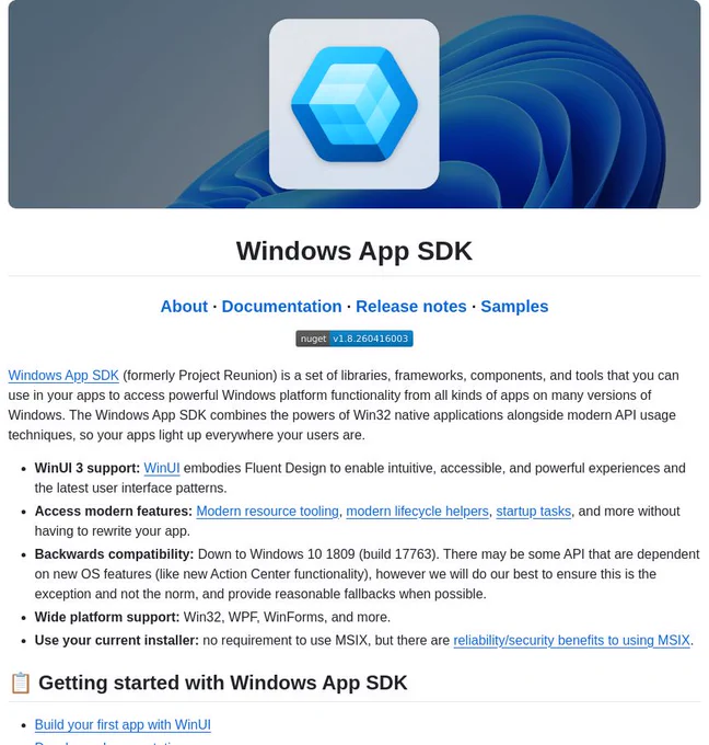 GitHub README screenshot for microsoft/WindowsAppSDK