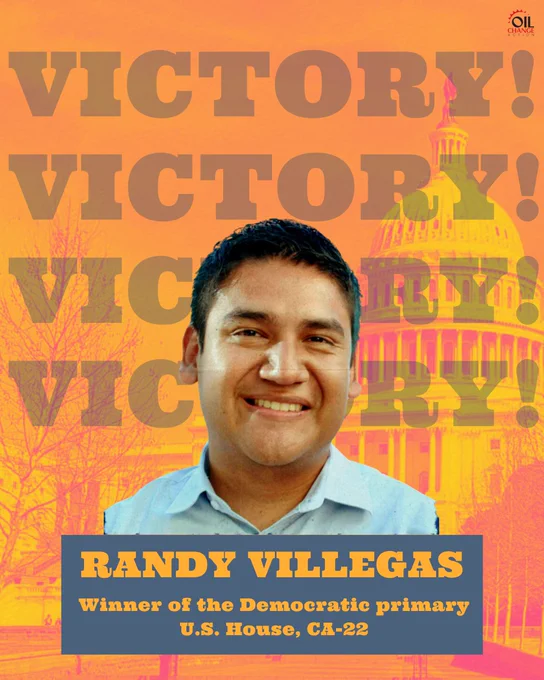 Graphic that shows Randy Villegas over a background that says "Victory! Victory! Victory! Victory." Below, text reads "Randy Villegas, winner of the Democratic primary, U.S. House, CA-22." 