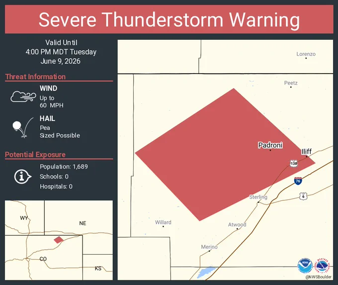 This graphic displays a severe thunderstorm warning plotted on a map. The warning is in effect until 4:00 PM MDT. The warning includes Iliff CO and Padroni CO.  This warning is for Northwestern Logan County in northeastern Colorado. The threats associated with this warning are wind gusts up to 60 MPH and pea sized hail. There are 1,689 people in the warning along with 0 schools and 0 hospitals.