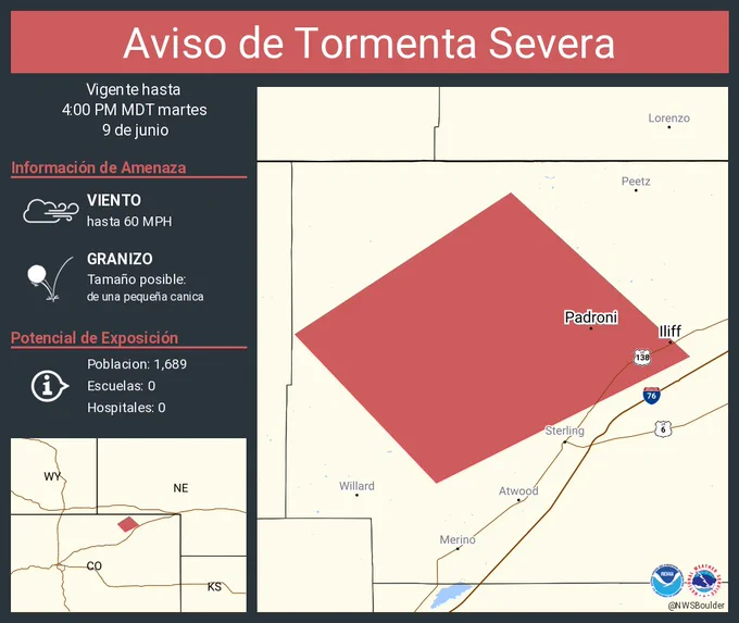 Este gráfico muestra la localización en el mapa de un aviso de tormenta severa. El aviso estará en efecto hasta las 4:00 PM MDT. El aviso incluye a Iliff CO, Padroni CO. El aviso incluye el noroeste del condado de Logan en el noreste de Colorado. Las amenazas asociadas a este aviso son: ráfagas de viento de 60 MPH y granizo del tamaño de una pequeña canica. Hay 1,689 personas bajo este aviso incluyendo 0 escuelas y 0 hospitales.