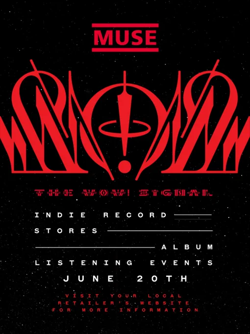 Promotional poster for MUSE's album listening events at indie record stores. Features abstract red design on a starry background.