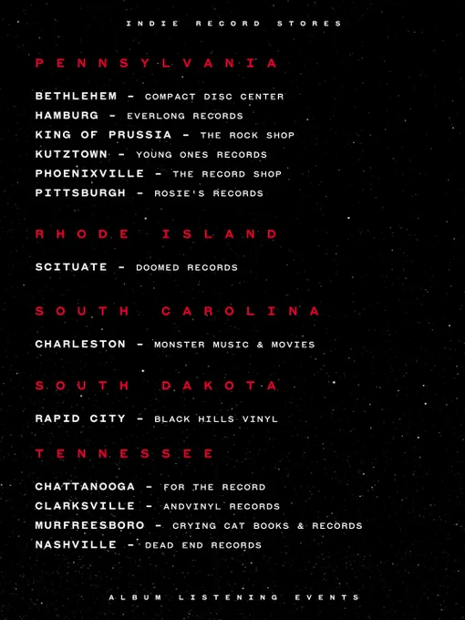 A list of indie record stores hosting album listening events across several US states. The image features a starry space background.