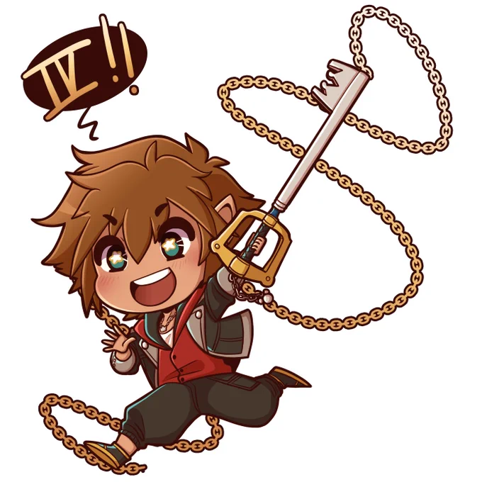 digital artwork of chibi sora from kh4. he wears a happy expression as he leaps with his keyblade raised, a golden chain spiraling behind him.


