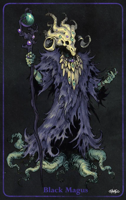 An illustration of a dark mage. It’s wearing a skull with several twisting horns, a ragged, fur-like robe and has tentacle-like roots at the bottom. It ‘s wielding a staff with a big orb on top.