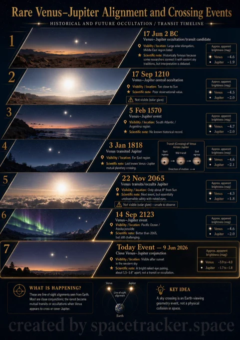🚨 Tonight’s Sky Event: Venus & Jupiter Meet

On 9 June 2026, Venus and Jupiter appear close together in the western sky after sunset, forming a bright naked-eye planetary conjunction.

Venus shines brighter at about –4.0 mag, while Jupiter glows nearby around –1.8 mag. They look close from Earth, but they are actually separated by hundreds of millions of kilometers.

This is not a collision — it is a rare line-of-sight alignment caused by orbital geometry.

🌌 Key idea: two planets, one sky line, zero danger.

Created by spacetracker.space

#Venus #Jupiter #Conjunction #Astronomy #Skywatching #SpaceNews #NightSky #SpaceTracker