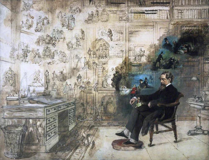Dickens in his study, his characters materialising around him in an ethereal haze