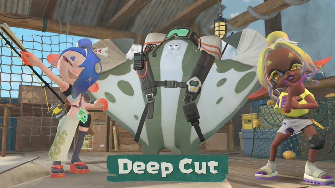 Shiver, Big Man, and Frye of Deep Cut posing on board their hideout ship, taken from Splatoon Raiders.
