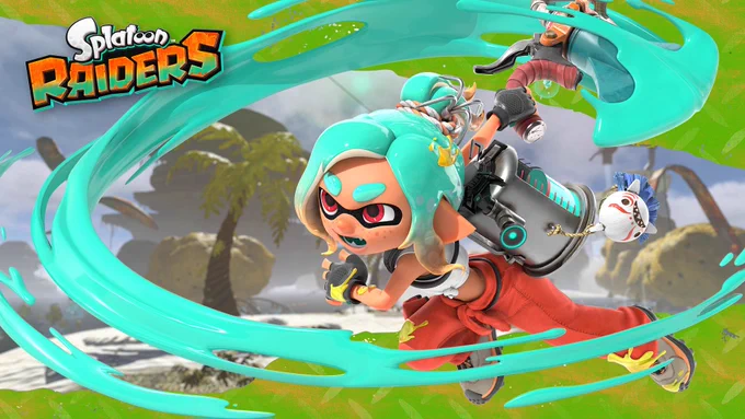 3D art from Splatoon Raiders of the mechanic swinging a Splatchet gadget with turquoise ink.