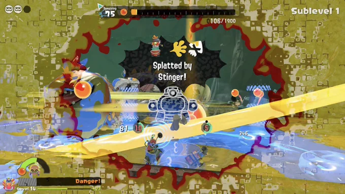 The mechanic being mercilessly splatted by a Stinger, taken from Splatoon Raiders.