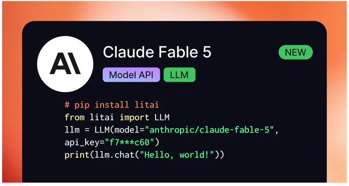 Sure! Here's a description:

"Screenshot of a code snippet using Claude Fable 5 from Anthropic. Includes Python commands for installing and using the LLM model API. Features the AI logo and labels 'Model API' and 'LLM.'"