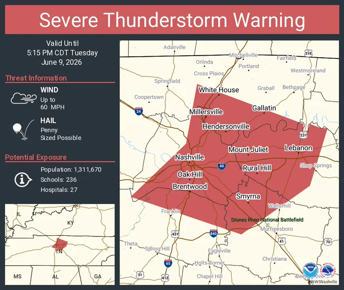 This graphic displays a severe thunderstorm warning plotted on a map. The warning is in effect until 5:15 PM CDT. The warning includes Nashville TN, Hendersonville TN and Smyrna TN.  This warning is for Davidson County in Middle Tennessee, Northwestern Rutherford County in Middle Tennessee, Southern Sumner County in Middle Tennessee, Northeastern Williamson County in Middle Tennessee, Wilson County in Middle Tennessee and Southeastern Robertson County in Middle Tennessee. The threats associated with this warning are wind gusts up to 60 MPH and penny sized hail. There are 1,311,670 people in the warning along with 236 schools and 27 hospitals.