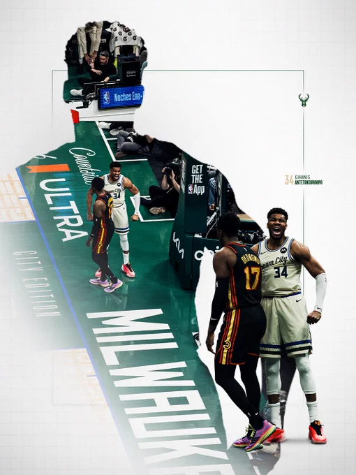 A graphic featuring a silhouette and multiple photos of Giannis Antetokounmpo mean-mugging after making a play in a Bucks cream city jersey.