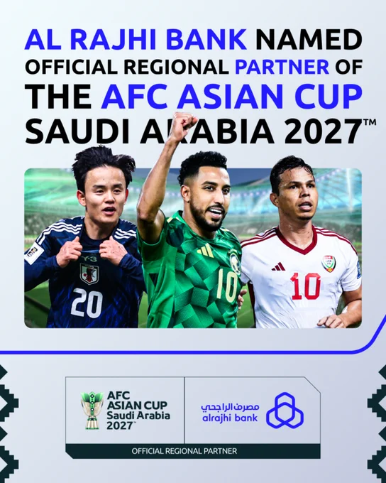 Announcement of Al Rajhi Bank as the official regional partner for the AFC Asian Cup Saudi Arabia 2027. Featuring three soccer players in their national team jerseys, with text highlighting the partnership.