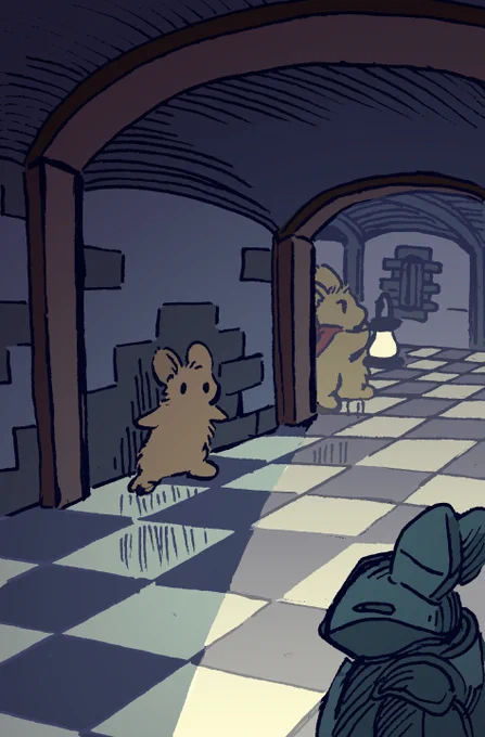 A small bunny hides in an alcove in a dimly lit corridor of some kind of palace. Rounding the corner, a guard bunny with a lantern makes his rounds.