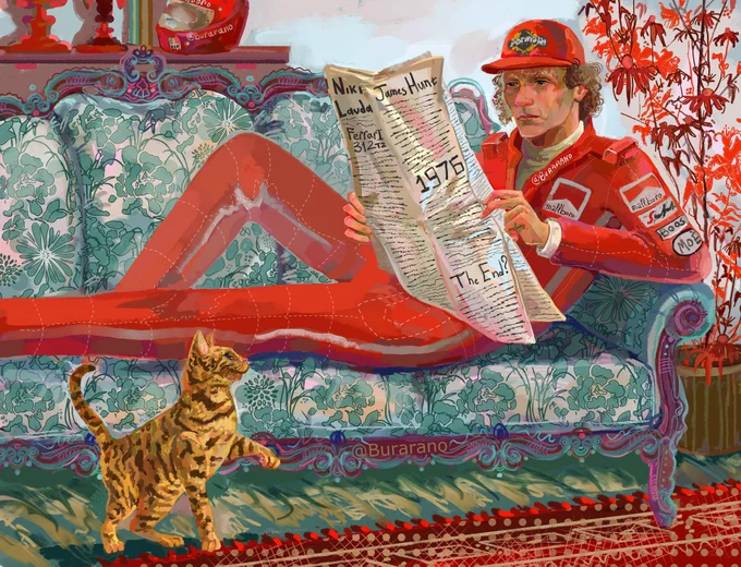 This colorful illustration depicts the legendary Formula 1 driver Niki Lauda in a rare moment of relaxation. Lauda is reclining on an ornate floral sofa, dressed in his signature red racing suit adorned with sponsor logos (including Marlboro and Parmalat) and a matching red cap. He holds an open newspaper that references the dramatic 1976 season, displaying the names of rivals Niki Lauda and James Hunt, the Ferrari 312 model, and the provocative phrase «The End?».A striped cat stands attentively beside the sofa, watching the driver. The setting is enriched with retro details: carved furniture, an ornamental rug, and a potted plant with red leaves in the background. The artwork blends the cozy atmosphere of home life with the lingering tension of high-stakes racing competition.