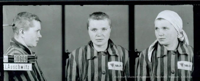 A mugshot registration photograph from Auschwitz. A woman wearing a striped uniform photographed in three positions (profile and front with a bare head and a photo with a slightly turned head with a headscarf on). The prisoner number is visible on a marking board on the left.