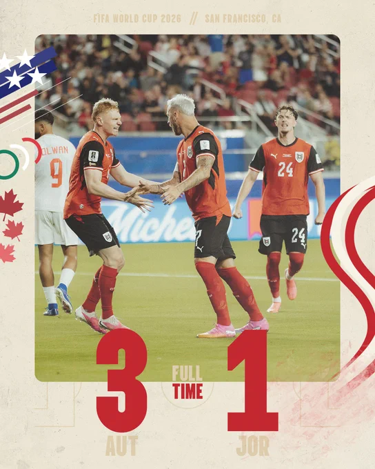 The image shows two soccer players in red jerseys shaking hands on a sports field, with the scoreboard indicating a final score of 3-1.