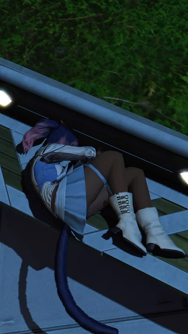 Exhausted, Science Officer Losira has fallen asleep on a bench in the expanded Timberlodge base on Auxesia. top down view