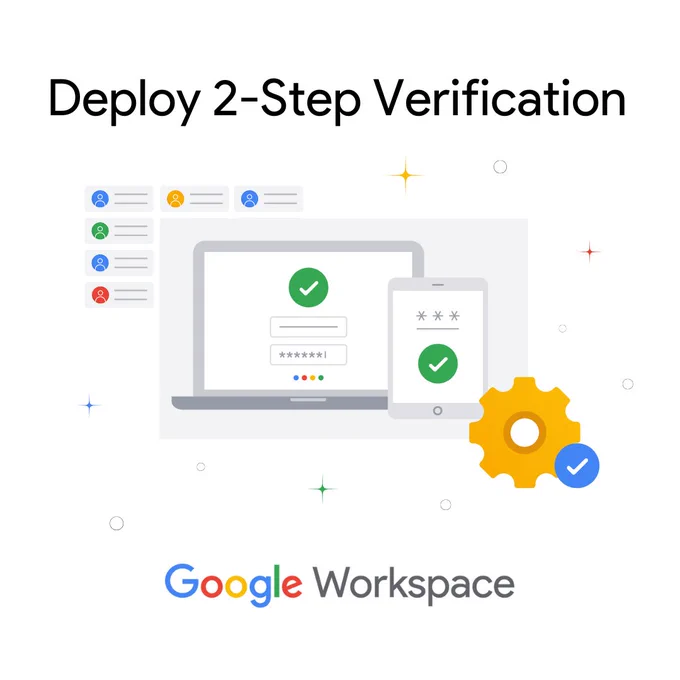 Illustration showing a laptop and phone with verification screens, user icons, and a gear icon.