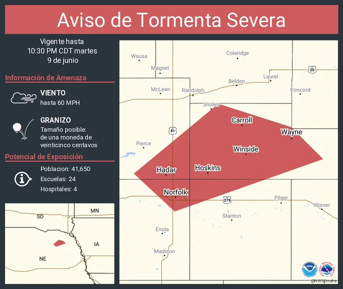 Este gráfico muestra la localización en el mapa de un aviso de tormenta severa. El aviso estará en efecto hasta las 10:30 PM CDT. El aviso incluye a Norfolk NE, Wayne NE, Winside NE. El aviso incluye el noreste del condado de Madison en el noreste de Nebraska, el condado de Wayne en el noreste de Nebraska, el sureste del condado de Pierce en el noreste de Nebraska y el noroeste del condado de Stanton en el noreste de Nebraska. Las amenazas asociadas a este aviso son: ráfagas de viento de 60 MPH y granizo del tamaño de una moneda de veinticinco centavos. Hay 41,650 personas bajo este aviso incluyendo 24 escuelas y 4 hospitales.