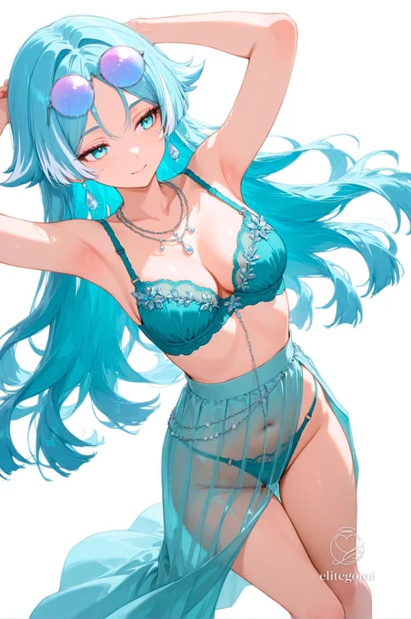 round thin frame sunglasses, pale blue tinted lenses,

silver long drop earrings,

slender body, medium breasts,cleavage,

(aqua bra), small glass bead decoration on bra center, aqua highleg panties, aqua sheer wrap long skirt with side slit, see-through fabric,
silver thin body chain at waist,bare legs, barefoot,