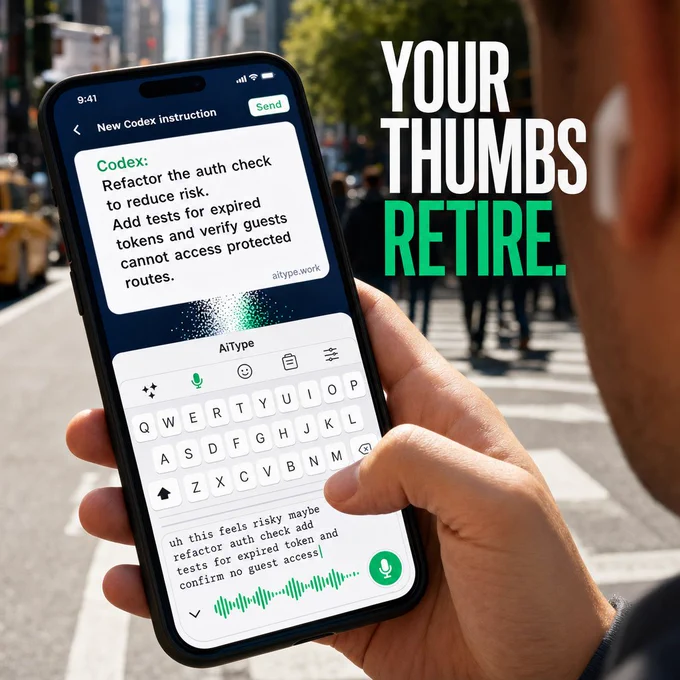 Phone in hand with AiType keyboard active, showing a rough spoken code review comment below and a polished Codex instruction above. Thumb poised near the active microphone button. Headline reads YOUR THUMBS RETIRE. URL aitype.work visible near the polished message.