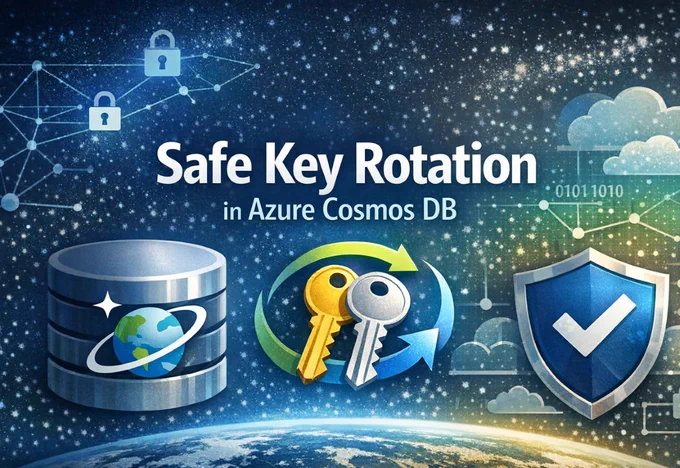Illustration promoting secure key rotation in Azure Cosmos DB. The image features the text “Safe Key Rotation in Azure Cosmos DB” over a starry space-themed background. Below the title are three main icons: an Azure Cosmos DB database symbol on the left, two cryptographic keys surrounded by circular rotation arrows in the center, and a blue security shield with a checkmark on the right. Additional security-themed elements, including padlocks, cloud graphics, network connections, and binary data, appear throughout the image, emphasizing cloud security, credential management, and data protection.
