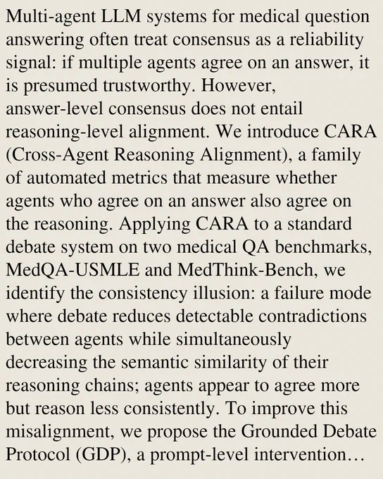 Multi-agent LLM systems for medical question answering often treat consensus as a reliability signal: if multiple agents agree on an answer, it is presumed trustworthy. However, answer-level consensus does not entail reasoning-level alignment. We introduce CARA (Cross-Agent Reasoning Alignment), a family of automated metrics that measure whether agents who agree on an answer also agree on the reasoning. Applying CARA to a standard debate system on two medical QA benchmarks, MedQA-USMLE and MedThink-Bench, we identify the consistency illusion: a failure mode where debate reduces detectable contradictions between agents while simultaneously decreasing the semantic similarity of their reasoning chains; agents appear to agree more but reason less consistently. To improve this misalignment, we propose the Grounded Debate Protocol (GDP), a prompt-level intervention that requires agents to commit to named medical facts and take explicit stances on other agents' claims. GDP produces large, con