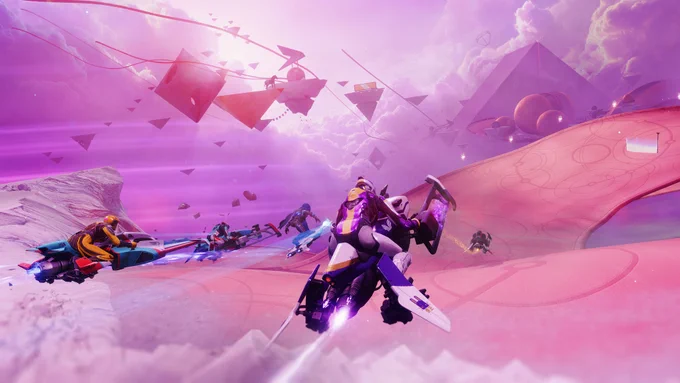 Several sparrow riders speeding across the sweeping pink Eternity track . The background features a dreamlike purple sky filled with clouds, floating geometric shapes, pyramids, and glowing planets.