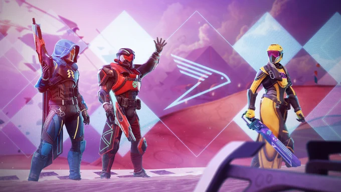 Three guardians standing on a platform. - a blue-hooded warlock on the left, a red-armored titan waves in the center, and a yellow-armored hunter on the right. The background features a pink and purple sky, large translucent diamond shapes and a neon bird-like emblem for the Sparrow Racing League.