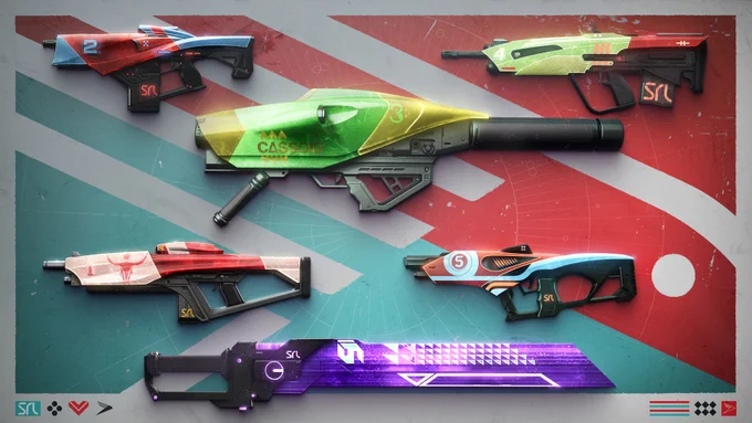 Composite display featuring five firearms and a glowing purple blade arranged on a graphic background with red, teal, and white geometric patterns. 