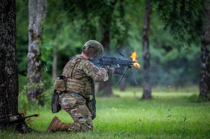 A 138th Fighter Wing security forces airman executes firearms training at Camp Gruber, Okla., June 5, 2026. The 138th Fighter Wing conducted a Combat Readiness Exercise that simulated a deployed environment to assess their operational readiness and cohesion as a unit. (Oklahoma Air National Guard photo by Senior Airman Christian Corley)