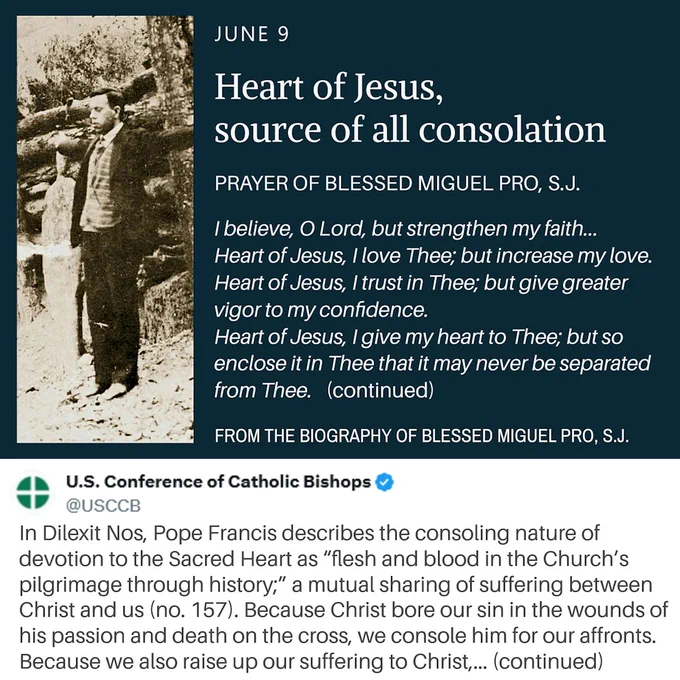 On the left is a historic black-and-white photograph of Blessed Miguel Pro, S.J., standing outdoors. On the right, against a dark blue background, white text reads: “JUNE 9 – Heart of Jesus, source of all consolation.” Beneath the title is an excerpt from a prayer by Blessed Miguel Pro asking for stronger faith, deeper love, greater trust, and a heart united forever with the Heart of Jesus. The prayer ends with a note indicating it continues in the accompanying post. 
 
Below the prayer graphic is a screenshot of a U.S. Conference of Catholic Bishops (USCCB) post describing the Sacred Heart as a source of consolation and companionship in suffering. The graphic serves as Day 7 of a Novena to the Sacred Heart of Jesus, focusing on trust, perseverance, consolation, and confidence in Christ's love.