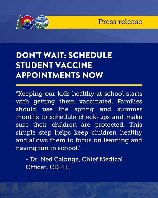 Press release from CDPHE. Text includes a quote from Dr. Ned Calonge, Chief Medical Officer at CDPHE. 