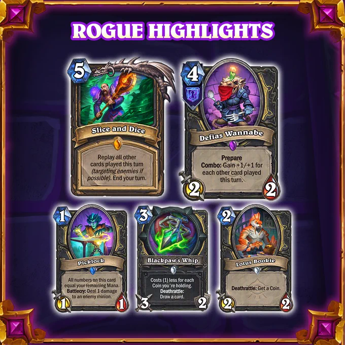 Hearthstone graphic titled Rogue Highlights showing Slice and Dice and Defias Wannabe above three smaller cards Picklock, Blackpaw's Whip, and Lotus Bookie on a purple background.