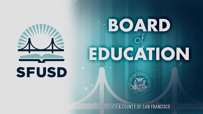 Illustration of a bridge over a book with a semicircle over the bridge. Title of the Board, “Board of Education” is on top of another illustration of a bridge with the City and County of San Francisco seal between the bridge. Under the bridge is the title “City and County of San Francisco”