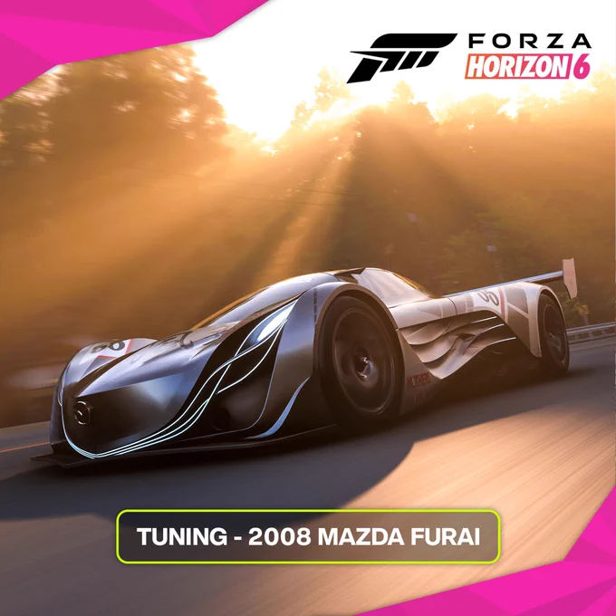 A sleek race car, the 2008 Mazda Furai, is shown speeding down a road bathed in warm sunlight. The car has a modern, aerodynamic design with flowing lines. The image is part of promotional material for the video game Forza Horizon 6, with the game’s logo visible at the top. The text “Tuning - 2008 Mazda Furai” is displayed at the bottom.