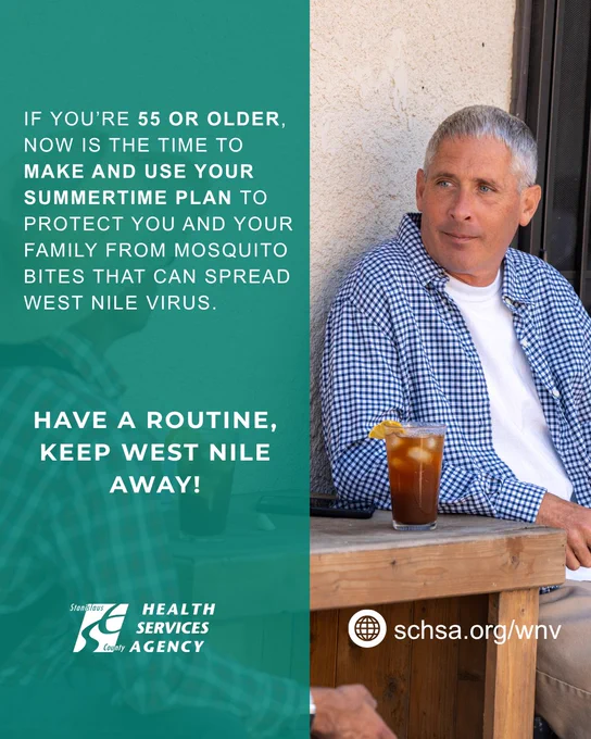 A man on a porch in the afternoon. Text encourages those 55  to plan to prevent West Nile virus. Visit schsa.org/wnv.