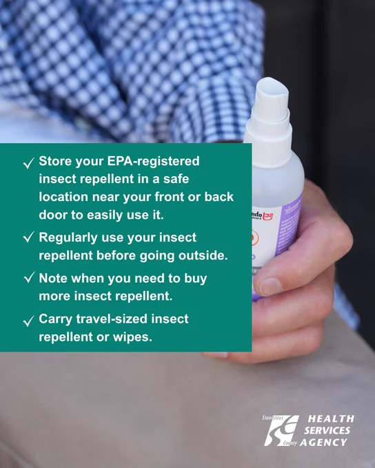 Image of a man with EPA insect repellent. Tips: store near doors, use outdoors, track supply, and carry travel size.